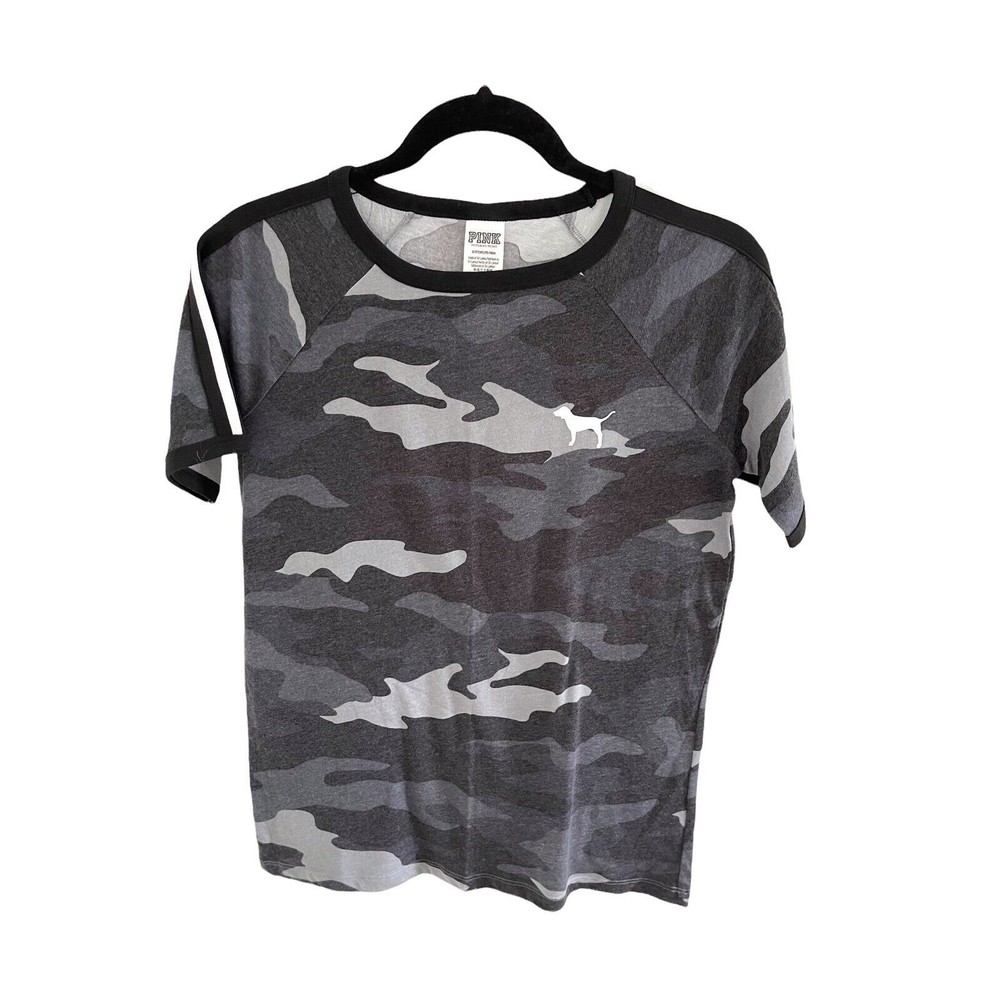 VICTORIA'S SECRET‎ PINK GRAY CAMOUFLAGE CAMO DOG PERFECT TEE SHIRT SIZE S